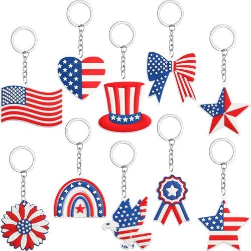 JUNEBRUSHS 30 Packs Patriotic Keychains Bulk USA Flag Keychain Red White Blue keychain for Memorial Day 4th of July Party Favors Souvenirs