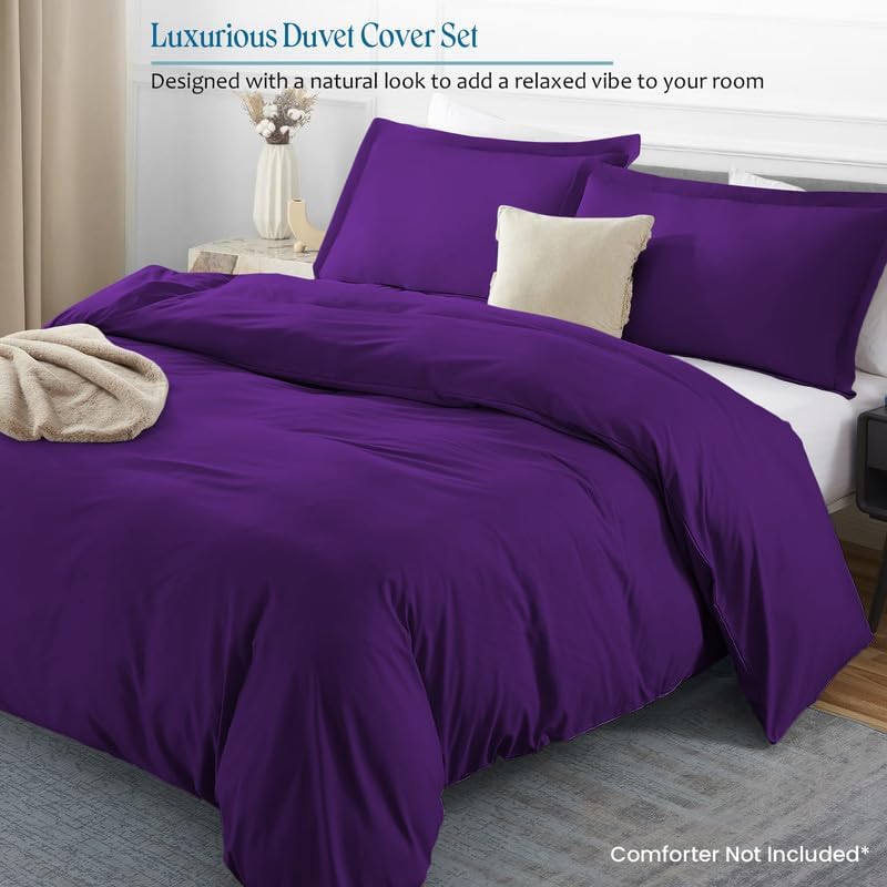 1-Piece Queen - XL Size Duvet Cover Only, 88" x 90", 100% Egyptian Cotton, 600 Thread Count, Purple Solid, Zipper Closure, Lightweight Cooling Duvet Cover, Soft Breathable Bedding