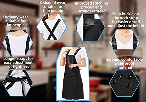 Black Vinyl Leather Apron With Pockets For Women, Adjustable & Waterproof For Kitchen, Cooking, Dishwashing, Dog Grooming, Gift For Mother's Day #TOP3