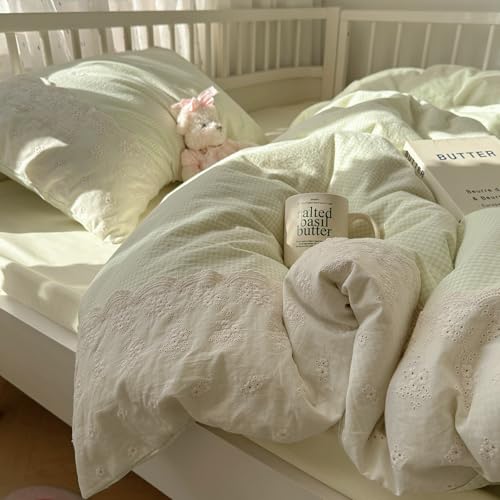 Image of MKXI Mint Green Gingham Duvet Cover Set King - 3-Piece Vintage Floral Bedding with White Lace Trim, Soft Washed Microfiber Princess Comforter Cover & Pillowcases for Girls, Sweet Cottagecore Style