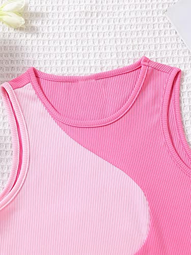 Image of SHENHE Girl's Colorblock Ribbed Knit Round Neck Sleeveless Slim Fit Tank Top Pink 9Y