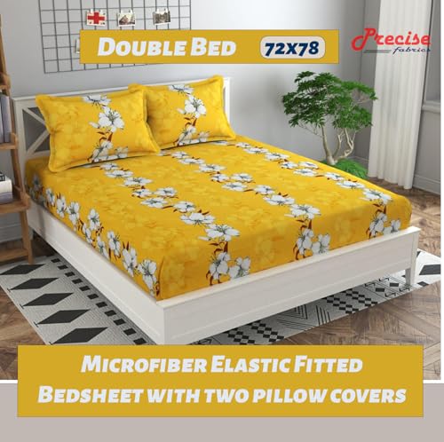 Image of Cotton Feel Glace Cotton Elastic Fitted All Around Elastic Printed King Size Double Bed Bedsheet with 2 Pillow Cover (72 inchx78 inch Yellow Floral)