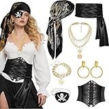 ITJMRJP Accesorios de Disfraz Pirata para Mujer 8 Piezas Accesorios Pirata Mujer Complementos Piratas Con Pañuelo Piratas Parche Aretes Corsé Cinturó para Halloween Carnaval Cosplay(Negro)