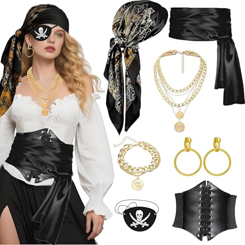 ITJMRJP Accesorios de Disfraz Pirata para Mujer 8 Piezas Accesorios Pirata Mujer Complementos Piratas Con Pañuelo Piratas Parche Aretes Corsé Cinturó para Halloween Carnaval Cosplay(Negro)