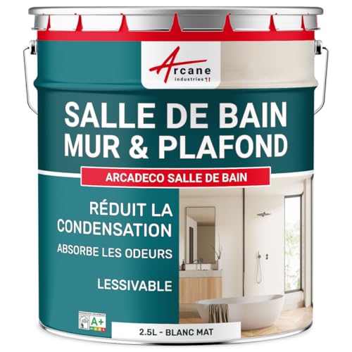 ARCANE INDUSTRIES Peinture salle de bain, mur et plafond | Peinture anti condensation et humidité | 29 couleurs disponibles - 2.5 L Blanc