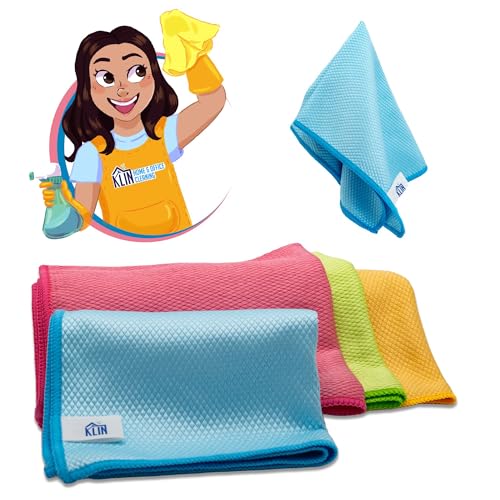 KLIN Lot de 12 Chiffon XL Microfibre aux Écailles de Poisson 30x40 cm, 4 Couleurs pour Nettoyant Vitre, Cuisine, Voiture, Maison et Bureau - Chiffon Nettoyage Microfibre Polyvalent et sans Trac