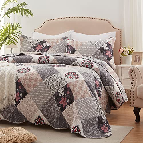 King Size Quilt Set 3 Pieces Lightweight Reversible Bedspread-98''x106'' Soft Patchwork Floral Coverlet Luxurious Warm Microfiber Bed Cover All Seasons Gray Bedding Set(1 Quilt,2 Pillow Shams)