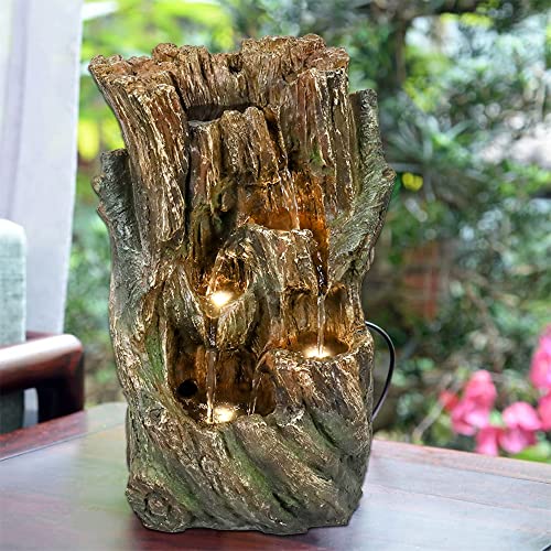 Agoodping Indoor/Outdoor Stump Tabletop Waterfall Fountain With Led Lights - Log Waterfall Design - Indoor Desktop Waterfall Feature With Led Light For Home Office Bedroom (Brown) #TOP1