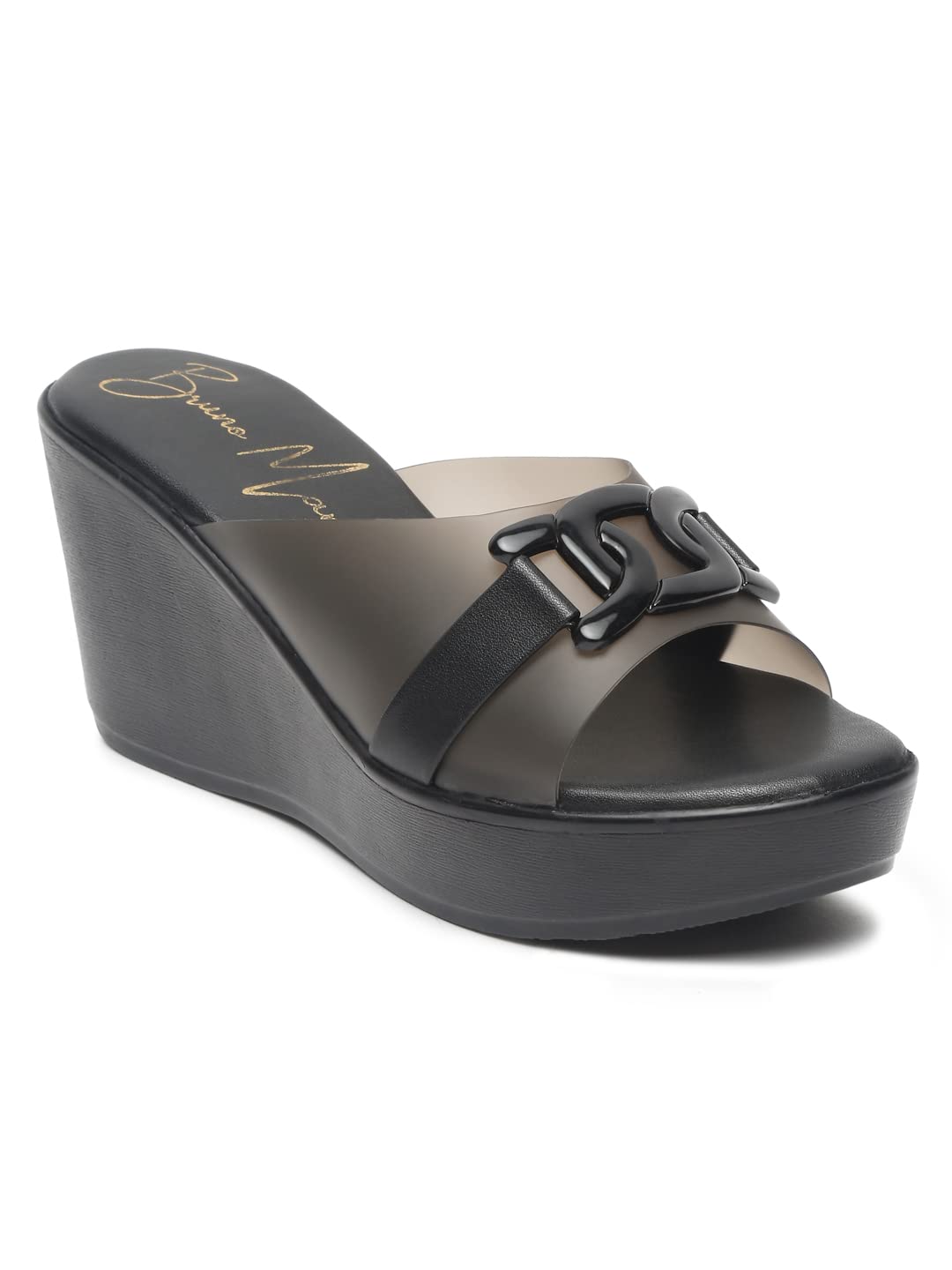 Bruno Manetti womens Black Slipon Back Open with Upper Buckle Round Toe Comfort Platform Wedges (B0BXDCMHR9) Amazon Price History, Amazon Price Tracker