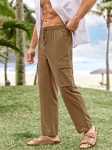 PASLTER Mens Linen Cargo Pants Lightweight Elastic Waist Drawstring Casual Loose Summer Beach Yoga Pants with Pockets3