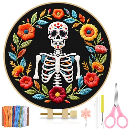 Image of TINDTOP Embroidery Kit for Adult Beginners, Embroidery DIY Starter Kit, with Stamped Patterns, Hoop, Tools, Colorful Threads with Needles, Instructions (Skeleton A)