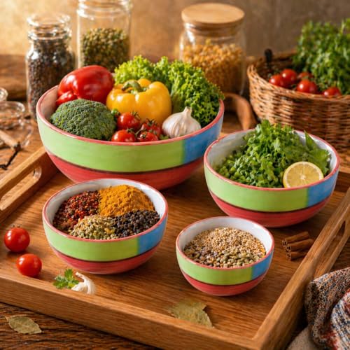 Image of Ceramic Mixing Bowl Set - 4 Pieces (1500ml, 800ml, 600ml, 400ml), Red Multi - Durable, Microwave & Dishwasher Safe - Ideal for Mixing, Serving & Storage