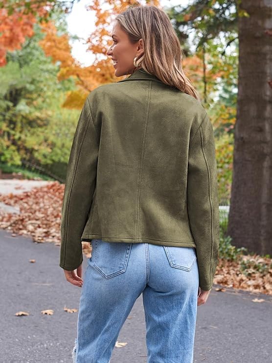 Women's Suede Moto Jacket Long Sleeve Zip Up Open Front Cropped Coat Outerwear with Pockets Y2K Fall Fashion Outfits3
