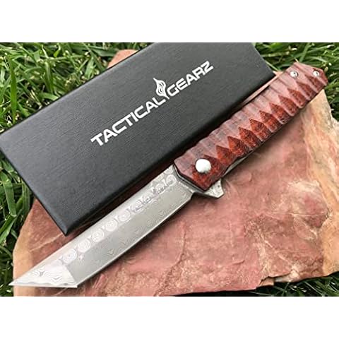 TACTICAL GEARZ Damascus Pocket Folding Knife, Rosewood Handle, Damascus Blade w/67 Layers & a VG10 Core (Rogue XT) Cover