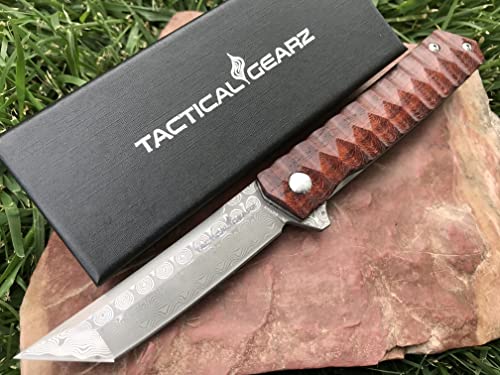 TACTICAL GEARZ Damascus Pocket Folding Knife, Rosewood Handle, Damascus Blade w/67 Layers & a VG10 Core (Rogue XT) - TACTICAL GEARZ