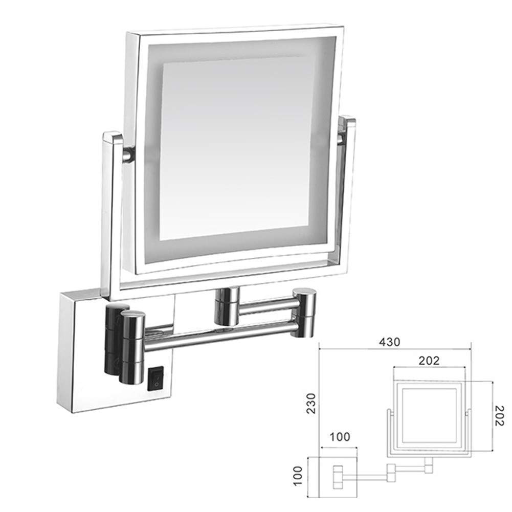 Specchio per il trucco Girevole Allungabile su entrambi i lati Specchio ingranditore 3X Specchio cosmetico quadrato pieghevole illuminato a LED (Colore: Trafilatura di nichel, Dimensioni (Trafilatura