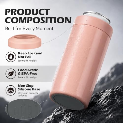 Image of 4-in-1 Slim Can Cooler Easy to Hold Insulated Beer Can Holder Double-walled Stainless Steel for All 12 Oz Cans Gift (Jelly Pink)