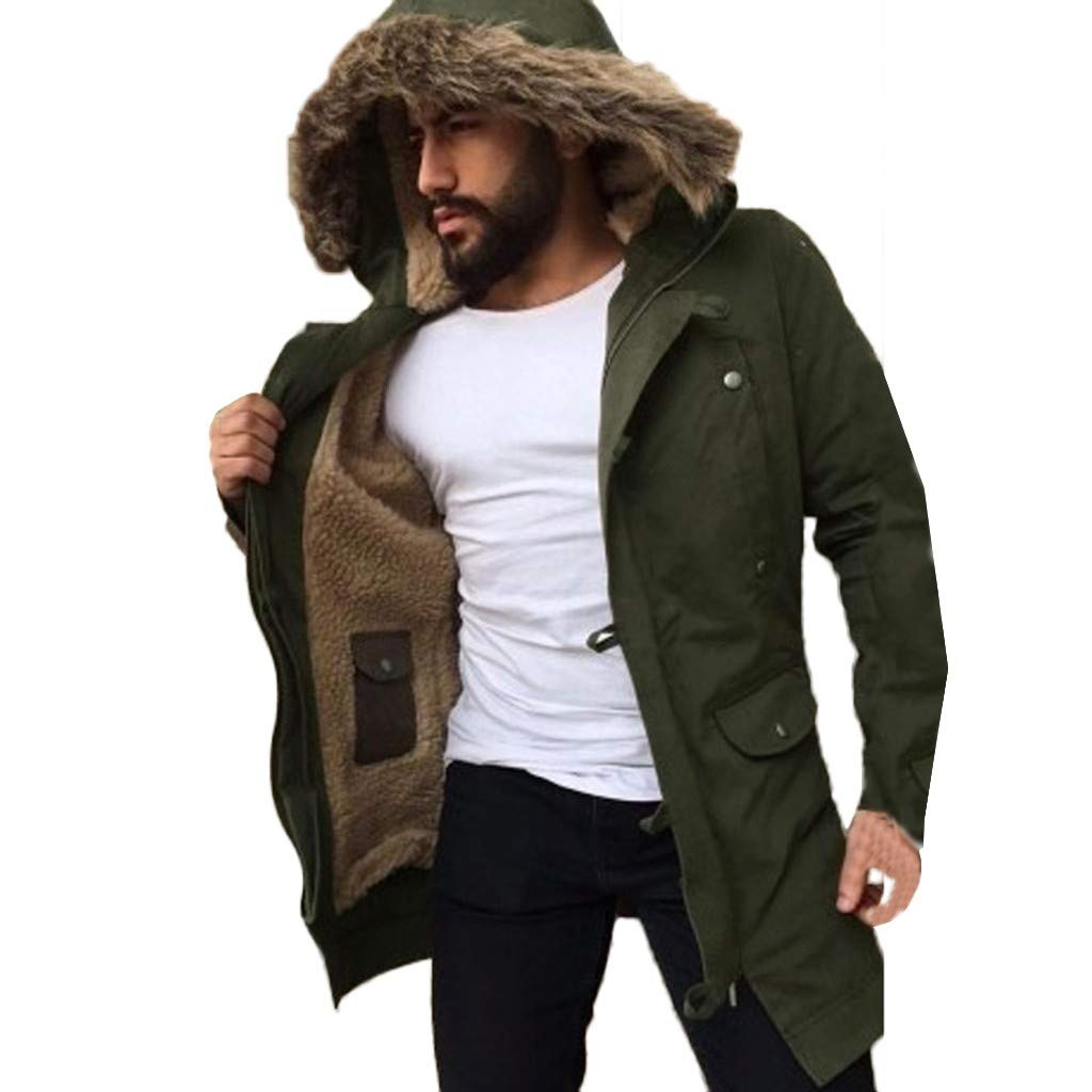 Men's Winter Warm Windproof Hooded Parka Jacket with Faux-Fur Trim Snow Ski Mountain Outwear (Army Green, L)