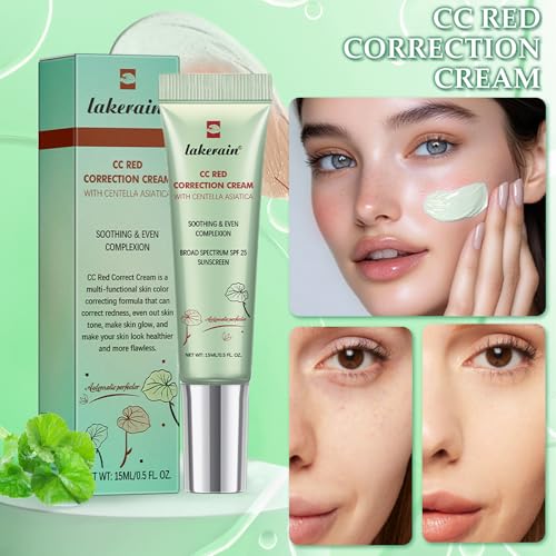 CC Red Correct Creme und Foundation Pinsel, CC Cream CC Red Corrector, CC Creme Gegen Rötungen mit Centella Asiatica,Make Up Fondation mit SPF 25,Reduziert Rötungen und Gleicht den Hautton aus