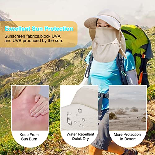 Image of Women Wide Brim Face Mask Sun Hat Detachable Neck Face Flap Ponytail UV Protection Visor Hat Garden Fishing Hiking