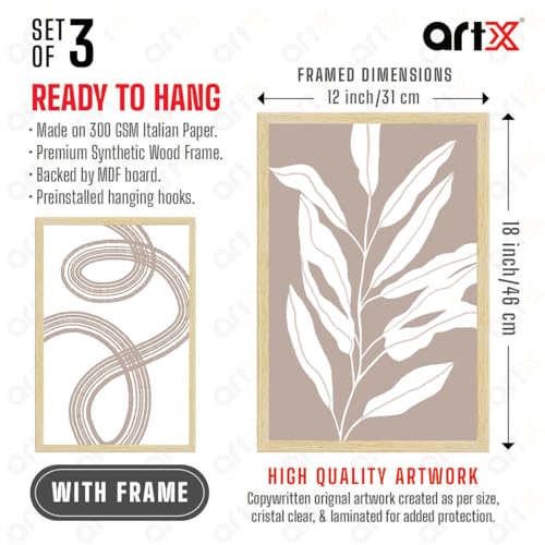 Image of ArtX Paper Boho Paintings with Frame for Home Decor Wall Art, Wall Painting for Living Room, Multicolor, Natural Wood Color Frames, 12.0x18.0 inch, Set of 3