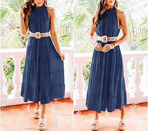 Image of HAEOF Women's Summer Sleeveless Halter Midi Maxi Dress Casual Loose Fit Pleated Tiered Flowy Beach Vacation Long Sundress