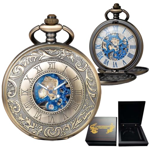 DerMacht Mechanical Roman Numerals Dial Bronze Skeleton Pocket Watches with