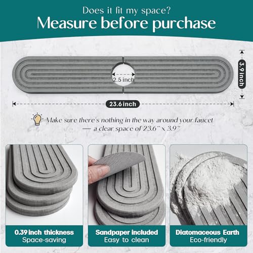 Image of eormoe Kitchen Faucet Mat - Diatomite Splash Guard for Sink, Quick-Drying Water Absorbing Stone Tray [Grey, 23.6 inch x 3.9 inch], Includes Sandpaper