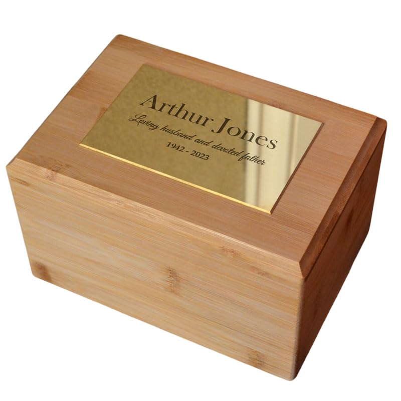Urna de bambú personalizada para cenizas con mensaje grabado tradicional, rectangular de 2,2 litros, homenaje personalizado con placa de efecto latón
