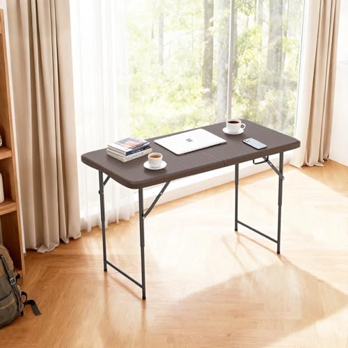 Image of FDW 4FT Folding Table Half Portable Foldable Table Picnic Table for Office Home Camping Party (Brown Ratten)