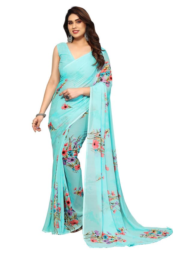 Sari en georgette bleu ciel imprimé floral Aashita Creations avec tissu chemisier