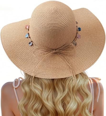 Beach Sun Straw Hats for Women, Floppy Wide Brim Womens Sun Hat UPF 50+ UV Protection, Foldable Packable Summer Hats Beach Vacation Essentials with Wind Lanyard Roll Up Cap