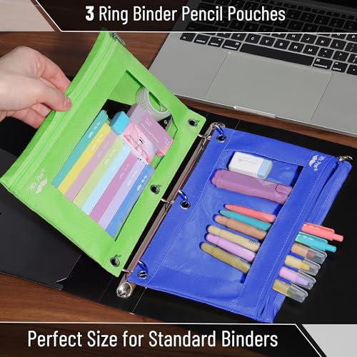 Image of Mr. Pen- Pencil Pouch for 3 Ring Binder, 2 Pack, 10 inchx6.75 inch, Smooth Zipper, Clear Window, Large Capacity Pencil Case with 3 Reinforced Grommets for School, Office, Supplies Storage