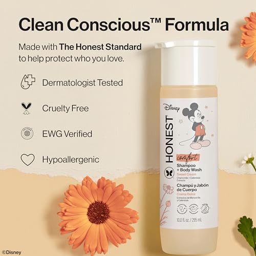 Image of The Honest Company 2-in-1 Cleansing Shampoo Body Wash, Gentle Enough for Baby Dermatologist Tested Tear-free Hypoallergenic Disney's Mickey Mouse Comfort Sweet Cream 10 fl oz
