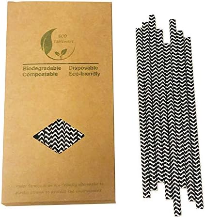 Disposable Black White Waves Paper Straws, Biodegradable Black and White Chevron Paper Drinking Straws for Cocktail Coffee and Smoothie (100 Pack)