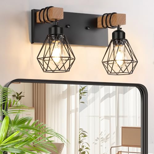 FadimiKoo 2-Light Rustic Style Wood Bathroom Wall Sconce, Farmhouse Vanity