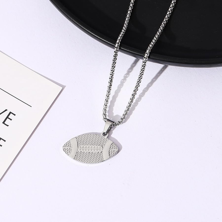 RFTWXHPN Football Pendant Rugby Ball Necklace Footballs Necklaces Football Coach Team Gifts for Women Men Foot Ball Necklace for Son Silver Rugby Necklaces2