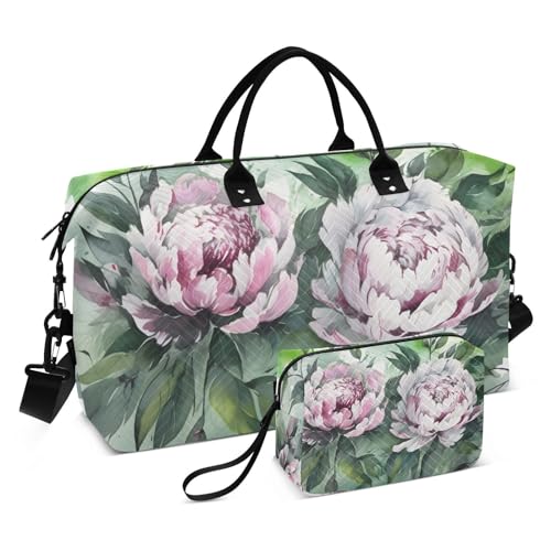 Large Travel Duffel Bag, Peony Watercolor Sports Tote Gym Bag, Shoulder Weekender Overnight Bag for Women Men, Carry On Luggage with Toiletry Bags