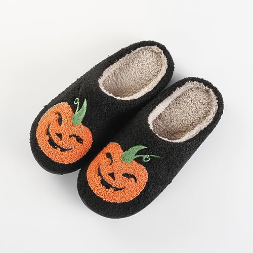 Image of Halloween Pumpkin Slippers for Womens Mens Plush Warm Spooky Lantern Pumpkin Slippers House Shoes