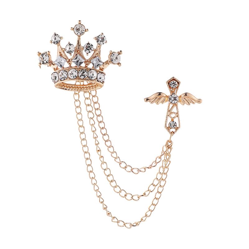 Image of coadipress Crown With Hanging Chain Brooch for Women Men Elegant Gentlemen Gold Silver Crystal Crown Lapel Pin Vintage Rhinestone Wedding Brooch Suit Shirt Pin Accessories