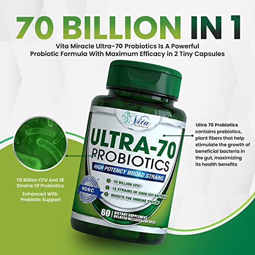 Vita Miracle Probiotics For Men Women Adults Digestive Health 70 Billion Cfu Immune Support Best Daily Probiotic Supplement Organic Natural Prebiotic Dr Formulated For Gut Health With Acidophilus #TOP2