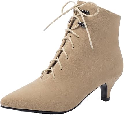 VOKLIN Womens Lace Up Pointed Toe Dressy Ankle Boots Stilettos Kitten Mid Heel Elegant Dress Short Booties