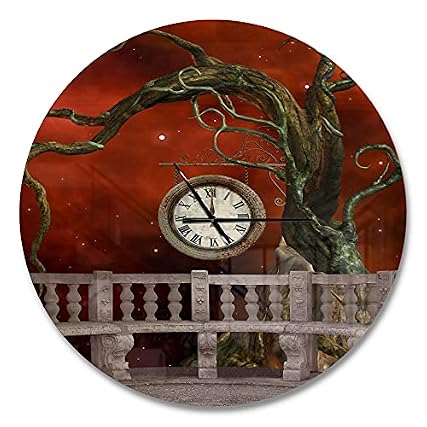 Design Q Vintage Wall Clock 'Balcony with Clock and Tree Angels ' traditionnal Large Wall Clock for