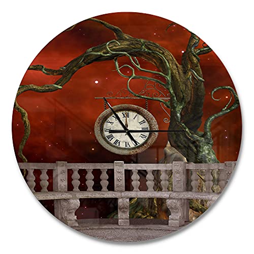 Design Q Vintage Wall Clock 'Balcony with Clock and Tree Angels ' traditionnal Large Wall Clock for