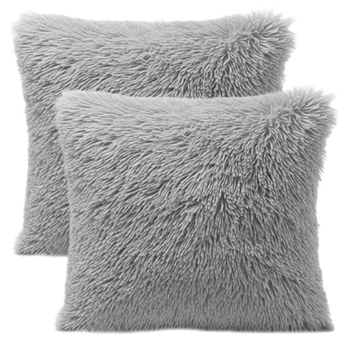 WORUIB 2 Pack Grey Cushion Covers Fluffy Cushions Faux Fur Cushion Covers Soft and Cozy 43x43cm for Living Room Bedroom Sofa