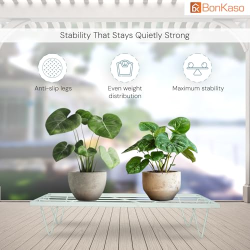 Image of BonKaso Heavy Duty Rectangle Plant Stand: 60.9X 20.3 x 12.7 cm, White - Set of 4, Modern Design for Indoor & Outdoor Use, Sturdy, Anti-Rust Planter Stand for Garden, Balcony, Patio