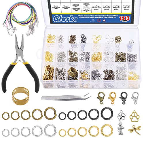 Glarks 1413Pcs Open Jump Rings and Lobster Clasps Kit Jewelry Making Supplies Jewelry Repair Tools Kit Jewelry Finding Kit with Jewelry Pliers and Waxed Necklace Cords for Jewelry Making