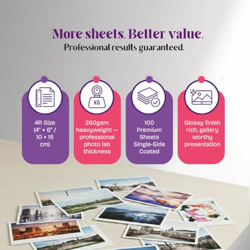 Image of 260 GSM 4R (4x6) Premium Glossy Inkjet Photo Paper | Microporous RC Coated | Instant Dry & Water-Resistant | Compatible with all Inkjet Printers | Pack of 100 sheets