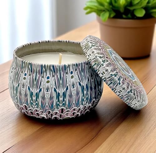 Image of Blissful Bloom Scented Soy Wax Candle Colorful Tin -Mandala Colorful Tin with Decorative Gift Box || Aromatherapy Candles in Decorative Reusable Tins for Home Decor.