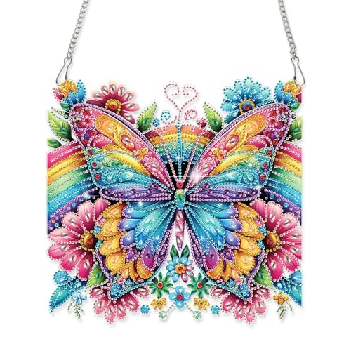 Image of AiYuanzsh Oversized Diamond Art Suncatcher Kit Rainbow Butterfly Flowers, Colorful Special Shaped Diamond Painting Hanging Ornament for Adults, DIY 5D Crystal Diamond Art Pendant Decoration